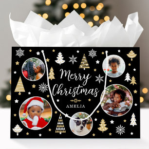 Merry Christmas Festive Trees Photo Name Black Large Gift Bag