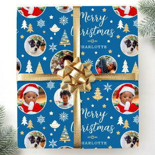 Merry Christmas Festive Trees Photo Name Blue Wrapping Paper