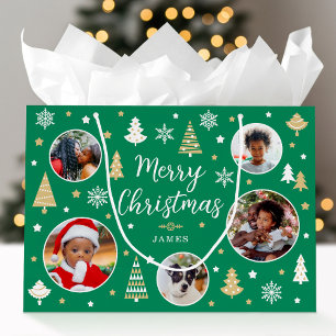 Merry Christmas Festive Trees Photo Name Mid Green Large Gift Bag