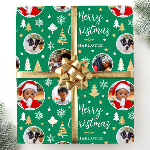Merry Christmas Festive Trees Photo Name Mid Green Wrapping Paper