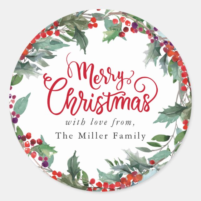 Merry Christmas Festive Winter Floral Personalized Classic Round Sticker (Front)