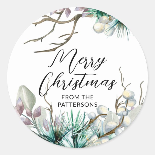 Merry Christmas Festive Winter Holiday Floral Name Classic Round Sticker (Front)