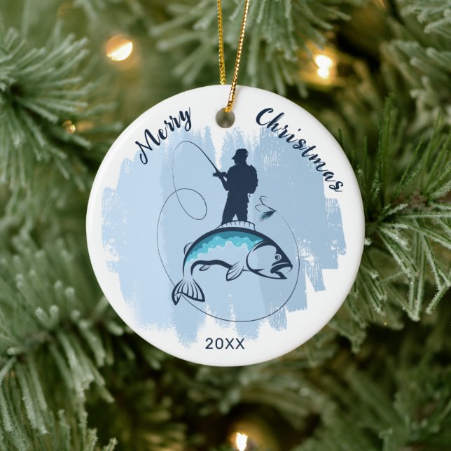 Merry Christmas Fisherman Catching Fish Ornament (Tree)