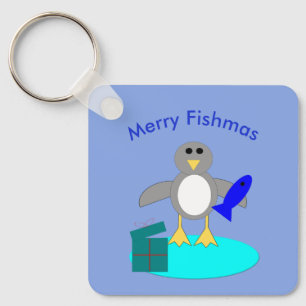 Merry Christmas Fishing Penguin Custom Keychain