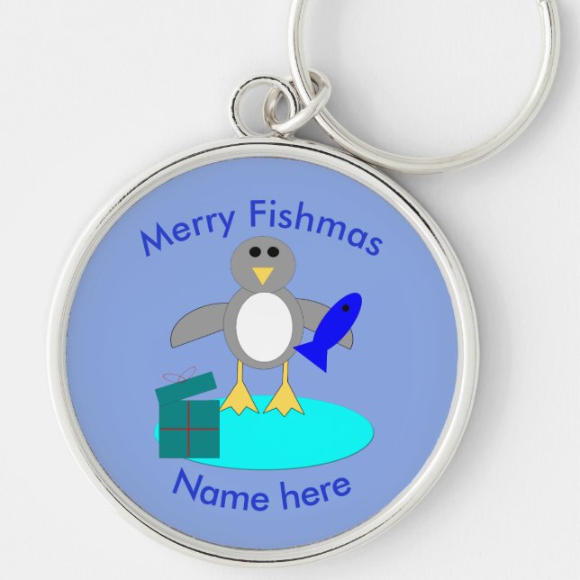 Merry Christmas Fishing Penguin Custom Keychain (Front)