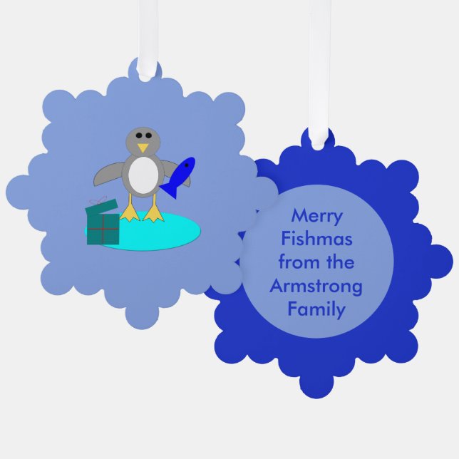 Merry Christmas Fishing Penguin Custom Ornament Card (Front/Back)