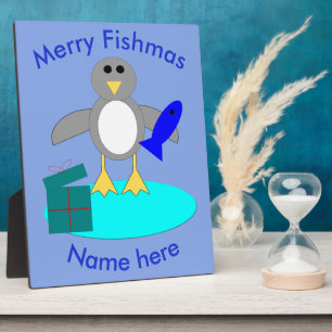 Merry Christmas Fishing Penguin Custom Plaque