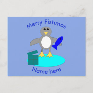 Merry Christmas Fishing Penguin Custom Postcard