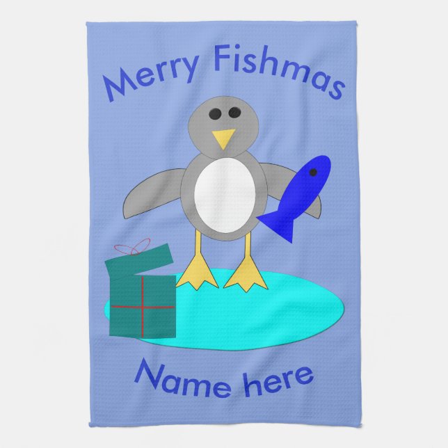 Merry Christmas Fishing Penguin Custom Towel (Vertical)
