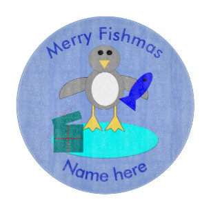 Merry Christmas Fishing Penguin Cutting Board