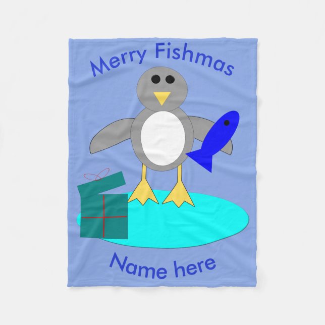 Merry Christmas Fishing Penguin Fleece Blanket (Front)