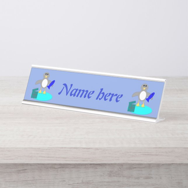 Merry Christmas Fishing Penguin Personalized Desk Name Plate (Front)