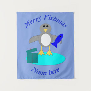 Merry Christmas Fishing Penguin Personalized Tapestry