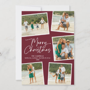 Merry Christmas Five Photo Collage Berry Red Holiday Card