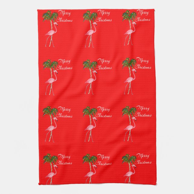 Merry Christmas Flamingo Kitchen Towel (Vertical)
