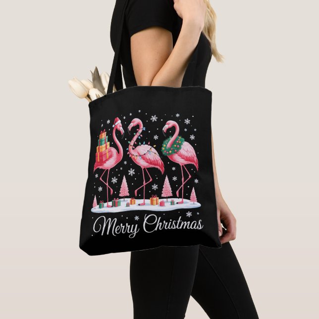 Merry Christmas Flamingo Light Santa Hat Xmas Tote Bag (Close Up)