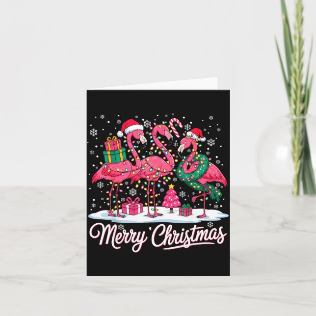 Merry Christmas Flamingo Lights Santa Hat Snow Xma Card (Front)