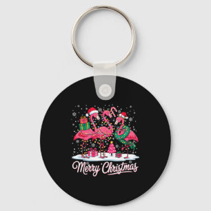 Merry Christmas Flamingo Lights Santa Hat Snow Xma Keychain