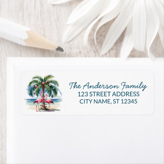 Merry Christmas Flamingo Palm Tree Return Address (Insitu)