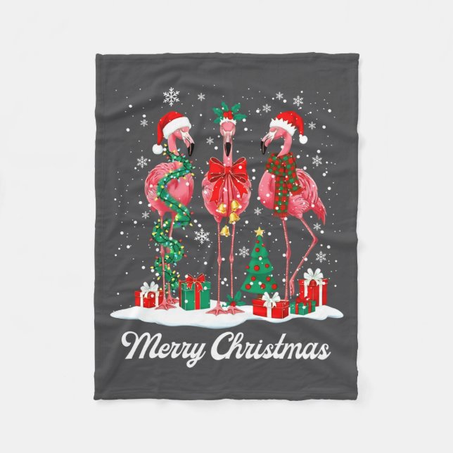 Merry Christmas Flamingo Santa Hat Christmas Light Fleece Blanket (Front)