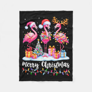 Merry Christmas Flamingo Santa Hat Xmas Pajamas Ho Fleece Blanket
