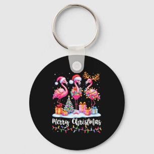 Merry Christmas Flamingo Santa Hat Xmas Pajamas Ho Keychain