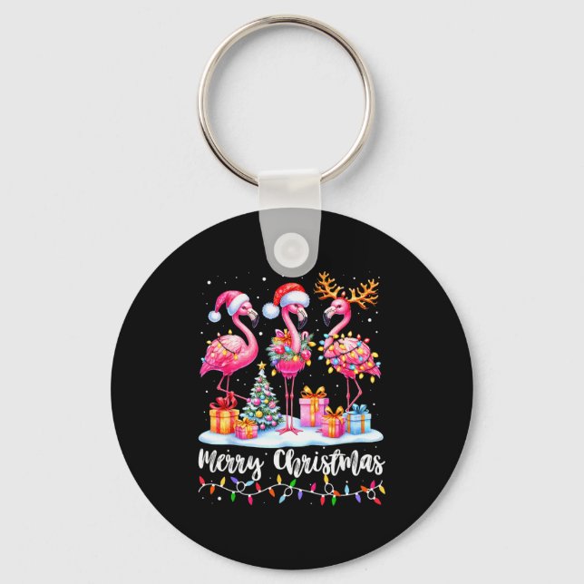 Merry Christmas Flamingo Santa Hat Xmas Pajamas Ho Keychain (Front)