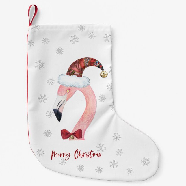 Merry Christmas Flamingo Santa Modern Christmas Small Christmas Stocking (Front)