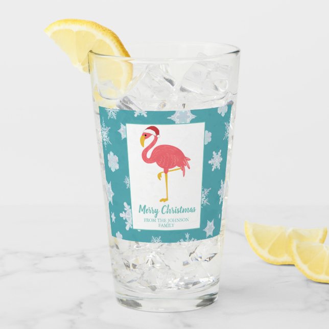Merry Christmas Flamingo Snowflake Holiday Party Glass (Front Ice)