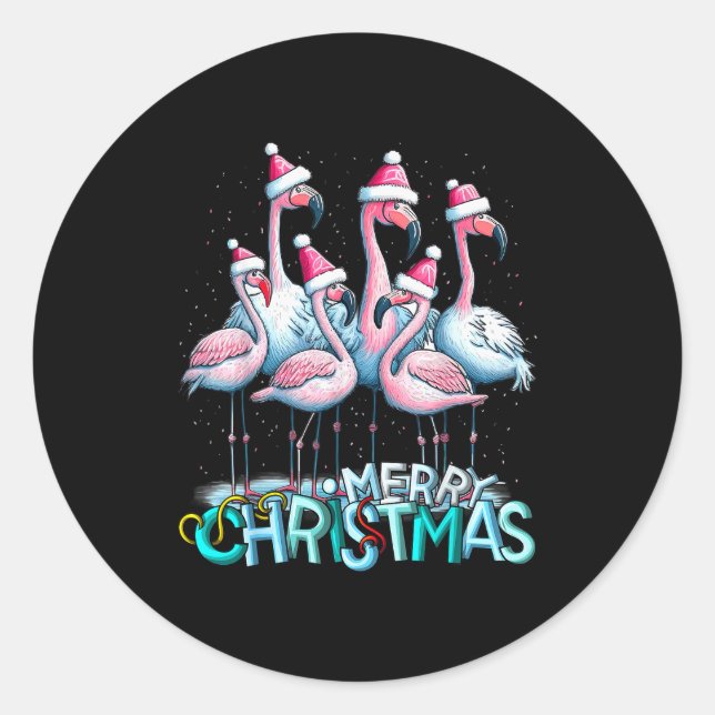Merry Christmas Flamingo Squad Trocal Style  Classic Round Sticker (Front)