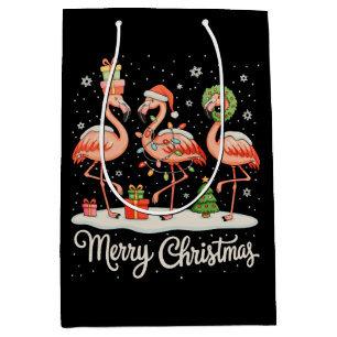 Merry Christmas Flamingo Xmas Lights Santa Hat Medium Gift Bag