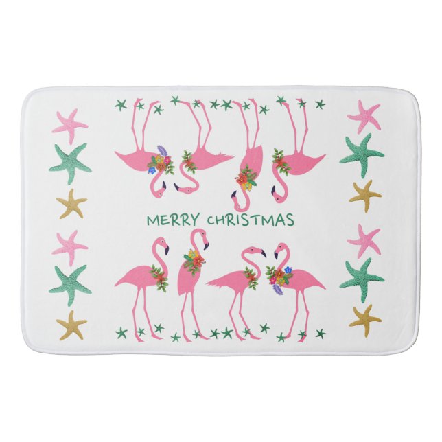Merry Christmas Flamingoes Starfish Decor Bath Mat (Front)