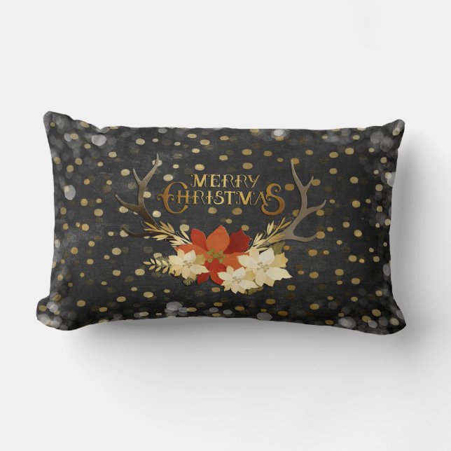 Merry Christmas Floral Antlers Confetti Lumbar Pillow (Front)