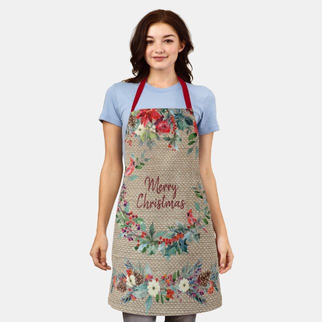 Merry Christmas floral burgundy pine green burlap Apron (Worn)