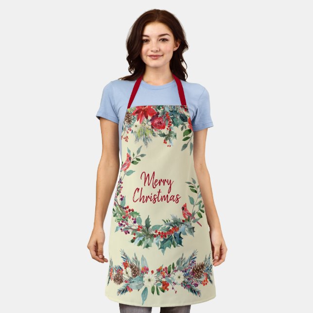 Merry Christmas floral burgundy pine green cream Apron (Worn)