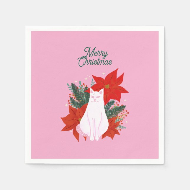 Merry Christmas Floral Cat Napkin (Front)