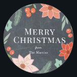 Merry Christmas Floral Chalkboard Holiday Classic Round Sticker<br><div class="desc">This chic "merry christmas" sticker features a black chalkboard background with holiday florals such as poinsettia flowers and red berries. Personalize for your needs. You can find matching products at my store.</div>
