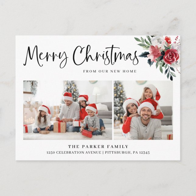 Merry Christmas | Floral Change of Address Photo Holiday Postcard (Front)