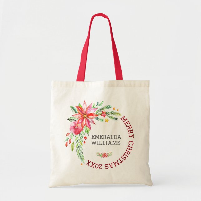 Merry Christmas Floral Flowers Bouquet & Text 2 Tote Bag (Front)