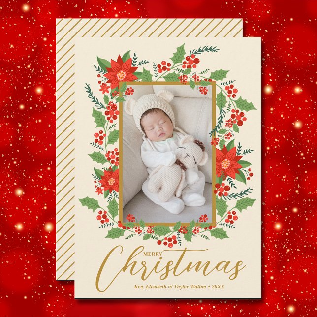 Merry Christmas Floral Photo Holiday Card (Creator Uploaded)