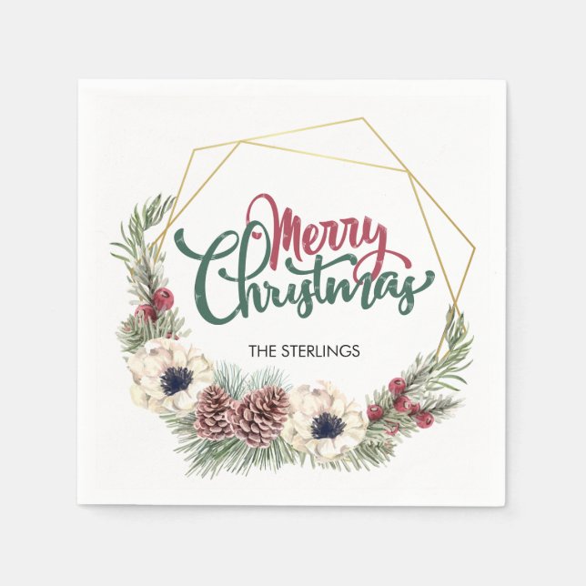 Merry Christmas Floral Pine Cone Holly Gold Frame Napkin (Front)