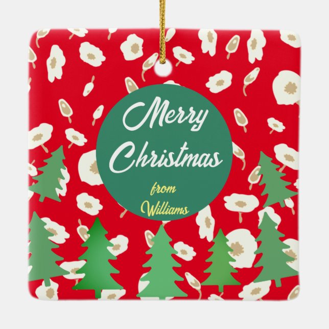 Merry Christmas Floral Pine Tree Ceramic Ornament (Back)