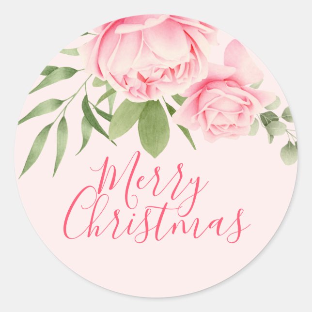 Merry christmas floral pink non traditional classic round sticker (Front)