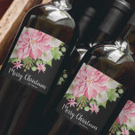 Merry Christmas Floral Poinsettia Black Wine Label<br><div class="desc">Personalized Merry Christmas black wine bottle labels feature a large pink poinsettia,  winter flowers,  pines and holly leaves your details in chic white lettering. MATCHING items in our store.</div>