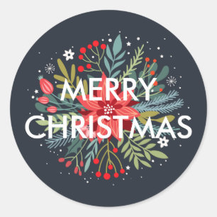 Merry Christmas Floral Poinsettia Bouquet Classic Round Sticker