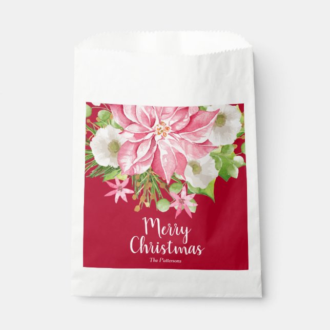 Merry Christmas Floral Poinsettia Holiday Favour Bag (Front)