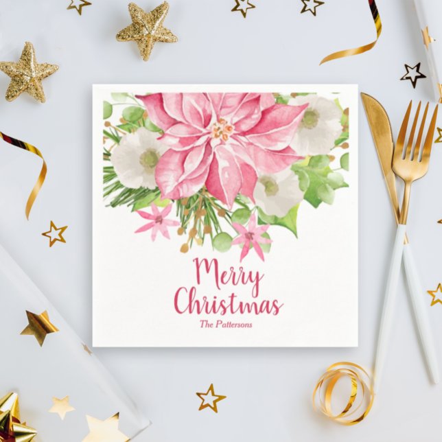 Merry Christmas Floral Poinsettia Holiday Napkin (Creator Uploaded)