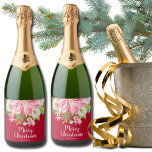 Merry Christmas Floral Poinsettia Holiday Red Sparkling Wine Label<br><div class="desc">Personalized red Christmas champagne bottle labels that feature a large pink poinsettia,  winter flowers,  pines and holly leaves your details in chic lettering. MATCHING items in our store.</div>