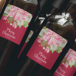 Merry Christmas Floral Poinsettia Wine Label<br><div class="desc">Personalized Christmas wine bottle red labels feature a large pink poinsettia,  winter flowers,  pines and holly leaves your details in chic lettering. MATCHING items in our store.</div>