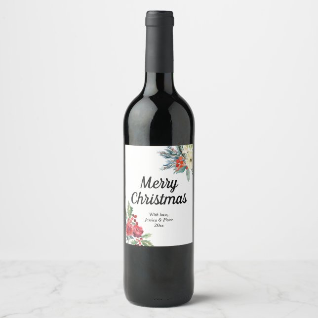 Merry Christmas Floral red berries Wine Label (Front)